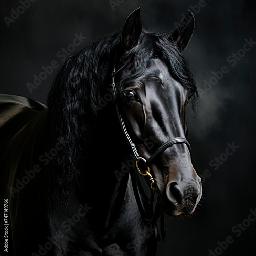 Noble Black Stallion Portrait in Bridle  Equestrian Elegance  created with Generative AI technology
