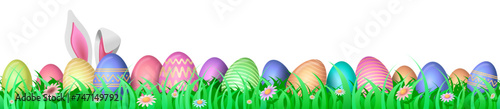 Happy Easter background with realistic painted eggs, grass, and rabbit ears. Vector illustration