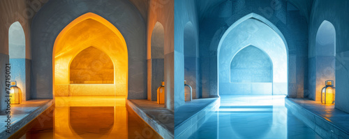 The transitional space of a Turkish hammam, capturing the passage from the warm to the refreshing cool area, featuring characteristic archways and a s photo