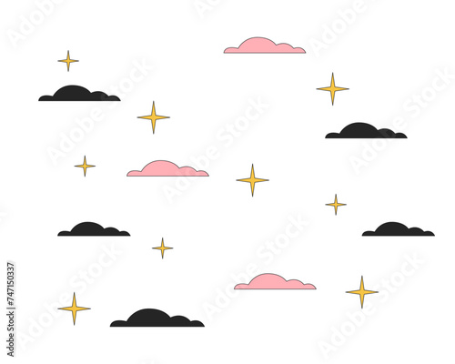 Sparkling stars in night sky clouds 2D linear cartoon object. Starry night. Twinkling stars isolated line vector element white background. Midnight nighttime magic color flat spot illustration