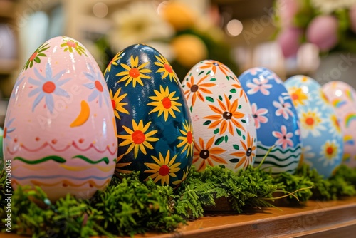 Vibrant Hand-Painted Easter Eggs Displayed on Green Foliage for Spring Holiday Decorations