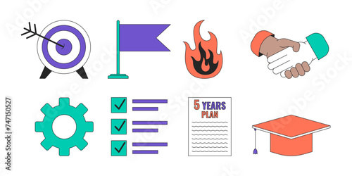 Building career 2D linear cartoon objects set. Professional education achievement goals isolated line vector elements white background. Handshake, burnout color flat spot illustration collection