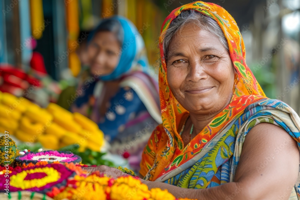 Smiling Elderly Woman Selling Colorful Flowers at a Traditional Market in India with Customers in Background