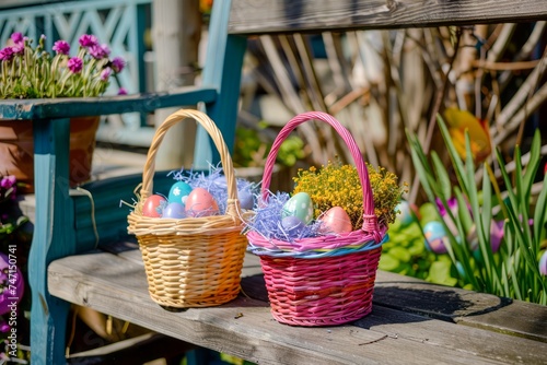 Festive Easter Baskets Filled with Colorful Eggs and Flowers on Sunny Spring Day