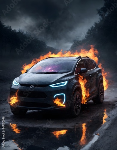 A compact SUV is surrounded by fierce flames against a dusky backdrop, creating a striking visual. The setting evokes a sense of urgency and drama.