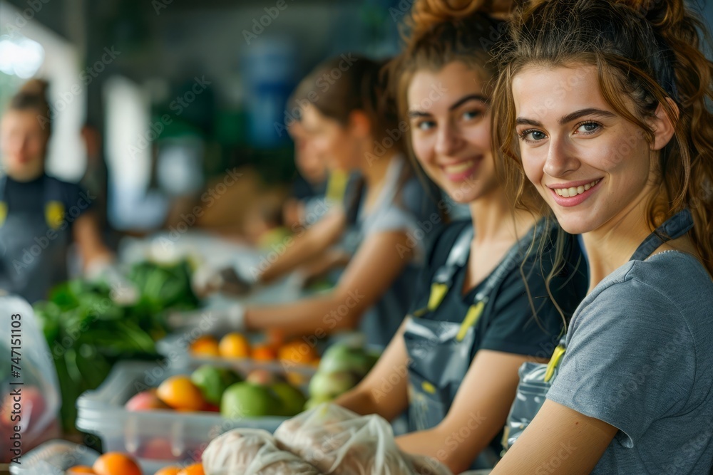Smiling Young Female Workers Packaging Fresh Produce in Sustainable Material at Organic Grocery Shop