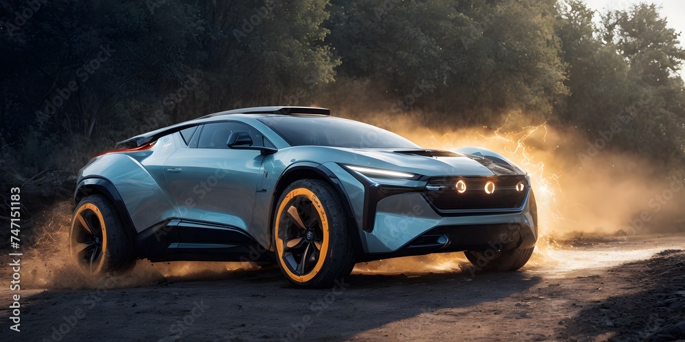 A futuristic electric SUV painted in silver and blue makes its way through a dusty trail at dusk. The vehicle's advanced design promises a new era of transportation.