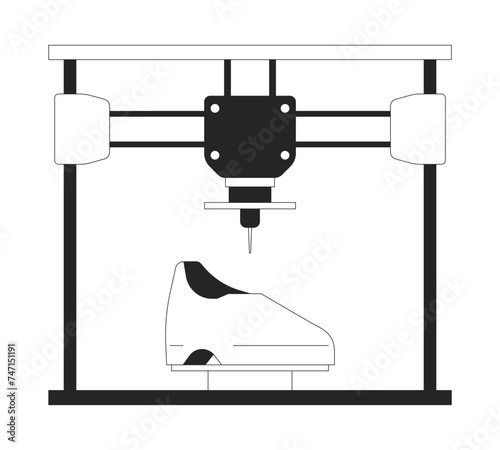 Footwear shoes on 3d printer black and white 2D line cartoon object. Additive manufacturing device isolated vector outline item. Technology three-dimensional monochromatic flat spot illustration