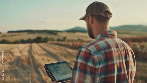 Farmer reviewing a drone-generated soil health report on a tablet in the field