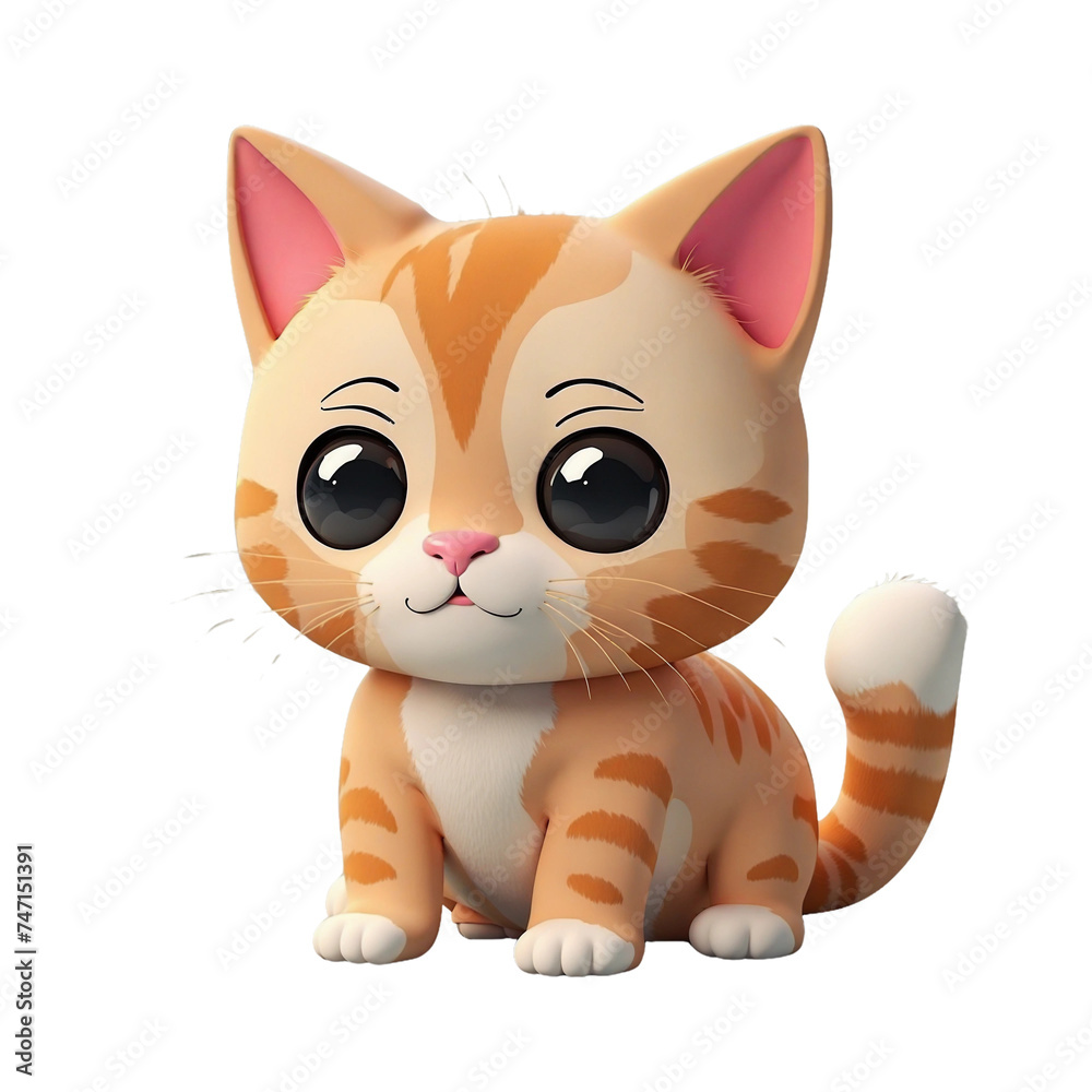 Adorable 3D Rendered Orange Tabby Kitten Sitting Playfully Isolated on transparent Background, Perfect for Children's Illustrations and Pet-Themed Design Elements