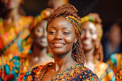 Portrait of a Smiling African Woman in Traditional Attire with Colorful Patterns at a Cultural Event Surrounded by Others