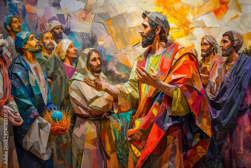 Colorful Geometric Artwork Depiction of Historical Religious Gathering with Central Figure Speaking