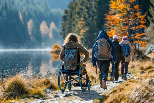 Group of Friends on Autumn Nature Walk by Lake with Person in Wheelchair - Inclusion and Accessibility in Outdoor Activities