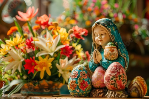 Colorful Russian Matryoshka Doll with Traditional Patterns and Decorated Easter Eggs Against Floral Background