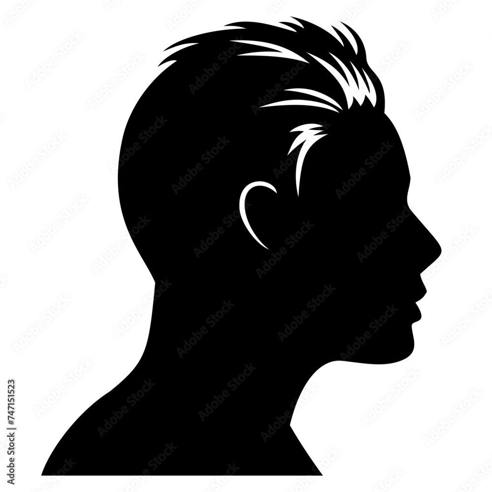 Silhouette head of young modern man for avatars, user profiles. Designed to good fit in square and circle. Vector clipart isolated on white.