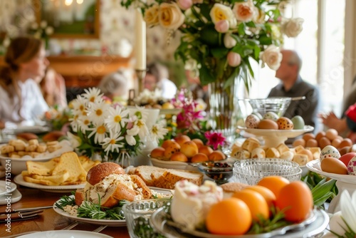 Elegant Brunch Table Setting with Fresh Flowers and Food Spread in a Cozy Home Atmosphere