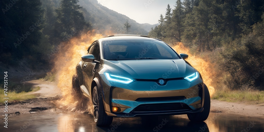 An electric SUV illuminates a misty forest path with its futuristic design, blending technology with nature. Its headlights cut through the haze, highlighting its eco-friendly design.