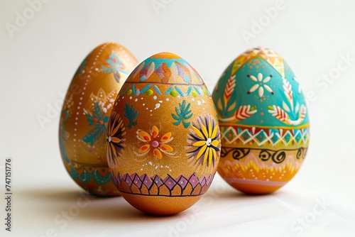 Colorful Hand-Painted Traditional Easter Eggs Against White Background