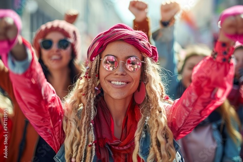 Cheerful Young Woman Celebrating at a Festival with Friends, Colorful Bohemian Style, and Round Sunglasses