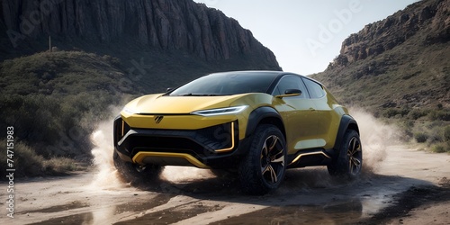A high-performance SUV in striking yellow conquers rugged terrain, kicking up dust in a display of power and design. The vehicle showcases its off-road capabilities with a sleek and bold aesthetic.