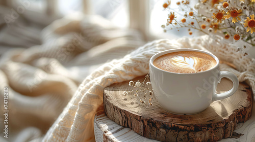 A cup of coffee with milk and spring flowers on textile fabric in pastel colors. photo