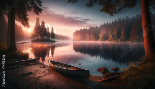 Serene Dawn at Lakeside with Canoe and Reflective Waters, Generative AI