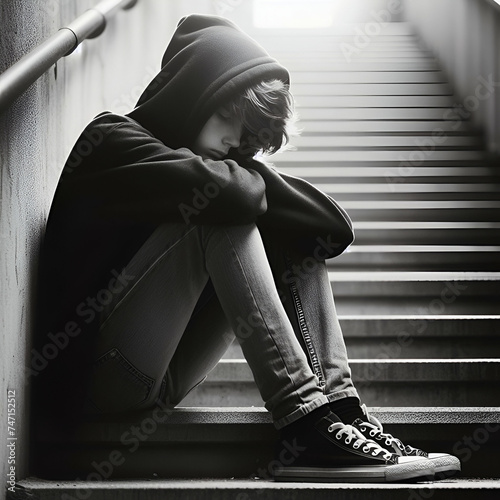 Bullying and harassment concept, Depressed boy sitting alone at stairs, Victim of school bullying, abuse and harassment, Stress and mental problems in childhood photo