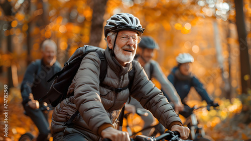 Active seniors on e-bike adventure in nature.