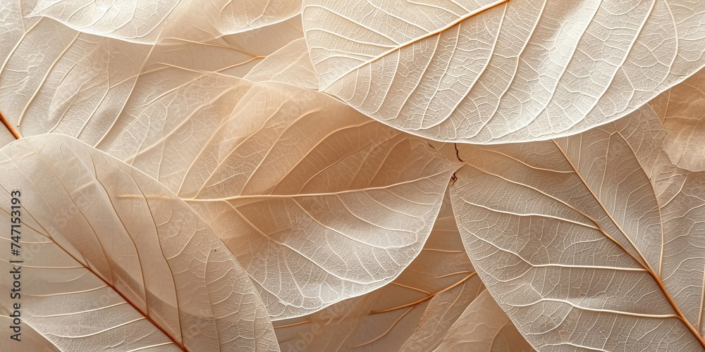 Closeup of abstract beige white translucent layered leaves, macro nature organic background texture pattern, Generative AI
