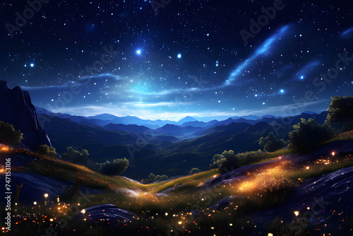Stars and fireflies shining in the lightless mountain night sky photo