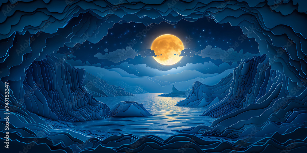Cold blue wasteland landscape and moon visible from cave, Night scene in the ocean and high waves of water,
 - obrazy, fototapety, plakaty 