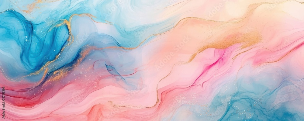 Abstract watercolor paint background illustration web design. Soft blue pink pastel color waves and gold lines, with liquid fluid marbled paper texture banner texture. Generative AI