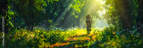 close-up of a person riding a bicycle on a sunlit path through a lush green forest photo
