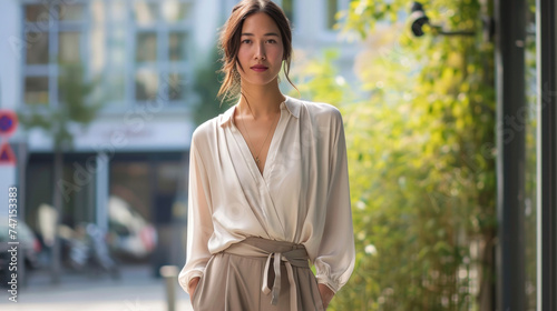 Culottes and a silk blouse – A pair of trendy culottes paired with a luxurious silk blouse creating a comfortable and chic workwear look. photo