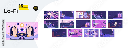 Relaxing atmospheric lofi wallpapers bundle. Cozy nighttime 2D cartoon flat illustration collection. Vinyl player, diary memories, study chill vector art, lo fi aesthetic colorful backgrounds set