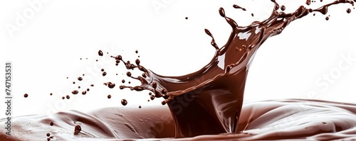 Food photography - Splash of liquid brown chocolate with splashing drops, isolated on white background. Generative AI