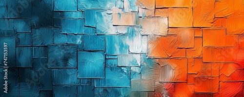 Closeup of abstract rough colorful blue orange multicolored art painting texture, with oil brushstroke, pallet knife paint, with square geometric print, complementary colors. Generative AI
