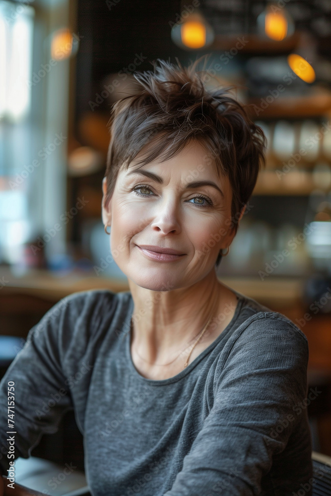 Portrait of a middle-aged woman 40+, brunette with short hair, slight smile, sitting in a cafe. Natural light from the window. Blurred background. Generative AI Portrait of a middle-aged woman 40+, brunette with short hair, slight smile, sitting in a cafe. Natural light from the window. Blurred background. Generative AI