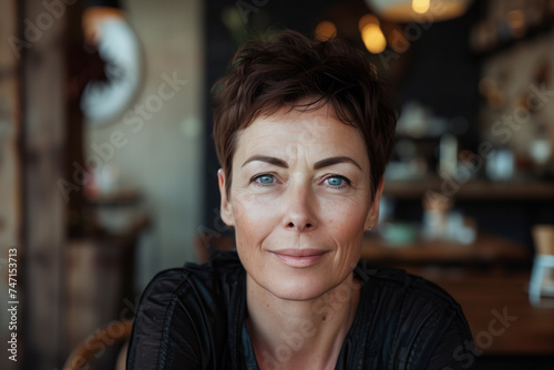 Portrait of a middle-aged woman 40+, brunette with short hair, slight smile, sitting in a cafe. Natural light from the window. Blurred background. Generative AI
