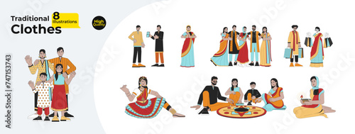 Multicultural diwali people line cartoon flat illustration bundle. Ethnic wear indian 2D lineart characters isolated on white background. Hindu deepawali festival vector color image collection © The img