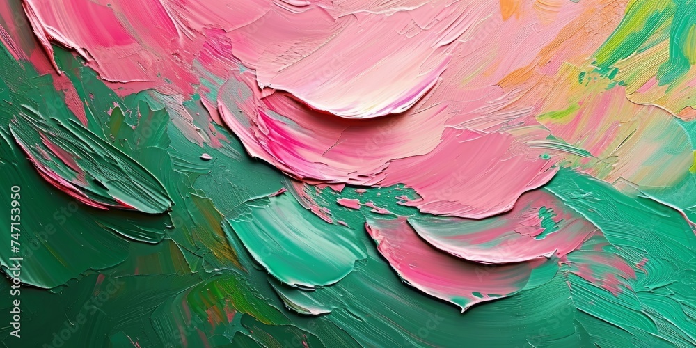 Abstract rough colorful green pink colors art painting texture background wallpaper, with oil or acrylic brushstroke waves, pallet knife paint on canvas, Generative AI - obrazy, fototapety, plakaty 