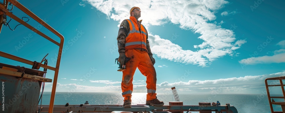 Fototapeta premium Full body photo of handsome male worker in professional clean brand new workwear on top of an offshore gas platform, bright daylight