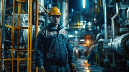 A petroleum refinery worker in professional workwear and equipment, award-winning photography