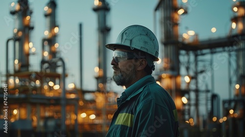 A petroleum refinery worker in professional workwear and equipment, award-winning photography
