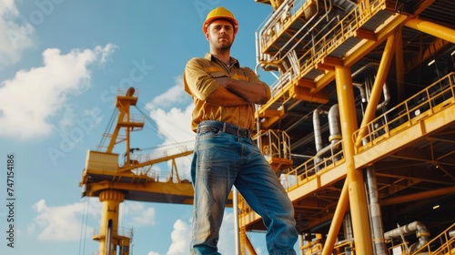 Full body photo of handsome male worker in professional clean brand new workwear on top of an offshore gas platform, bright daylight