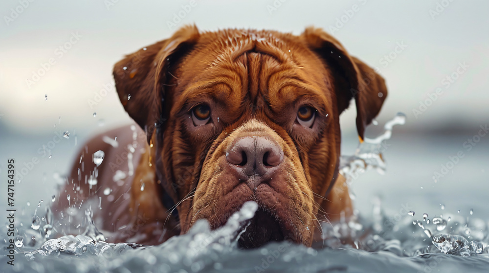 Bordeaux Dog  French Mastiff  Playing in Water - obrazy, fototapety, plakaty 