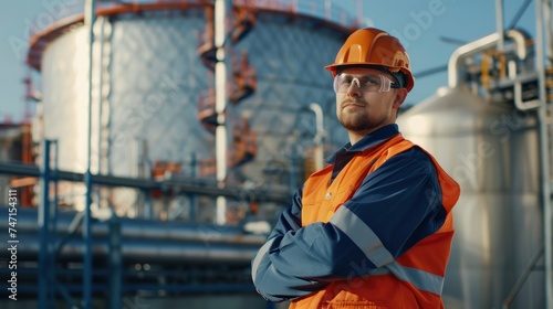 Half body photo of handsome male worker in professional clean brand new workwear, natural gas storage in the background, bright daylight