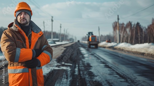 Half body photo of handsome male worker in professional clean brand new workwear during the asphalt covering on the road, bright daylight