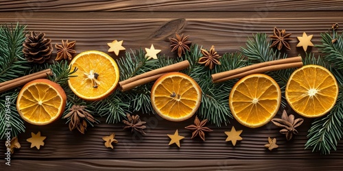 Merry Christmas, festive celebration holiday greeting card. Ornaments ( orange slices, cinnamon sticks, star anise and branches ) on wooden rustic table background, Generative AI