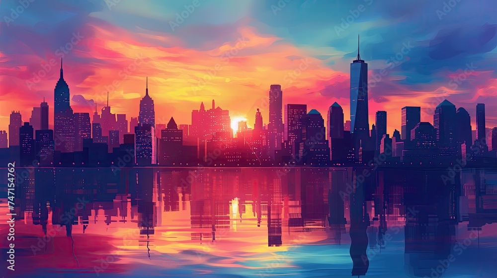 Dramatic silhouette of a city skyline against the backdrop of a colorful sunrise or sunset sky reflected by a river